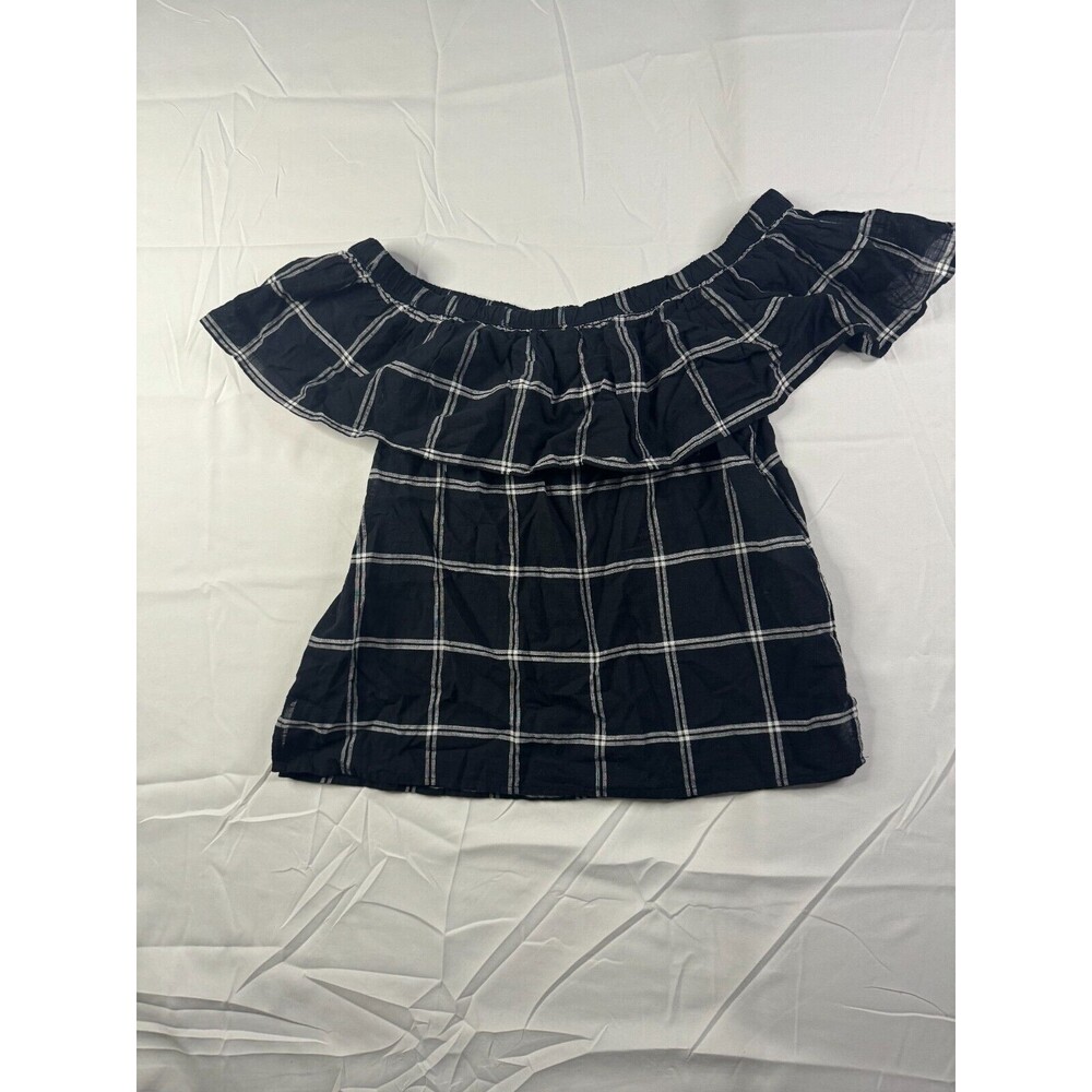 Abercrombie Fitch Blouse Womens Size XS Cropped Off Shoulder Black Plaid Ruffle